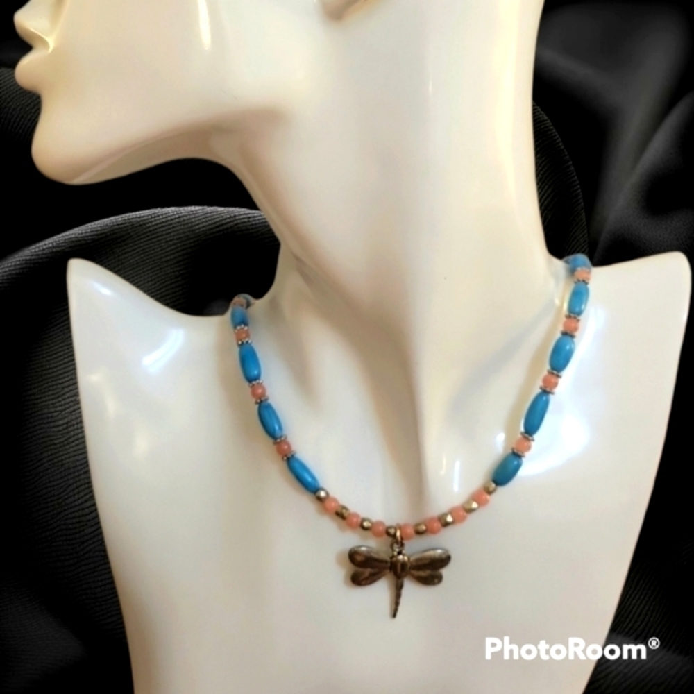 Handmade Coral and Czech Glass Beaded Dragonfly Pendant Collar Necklace
